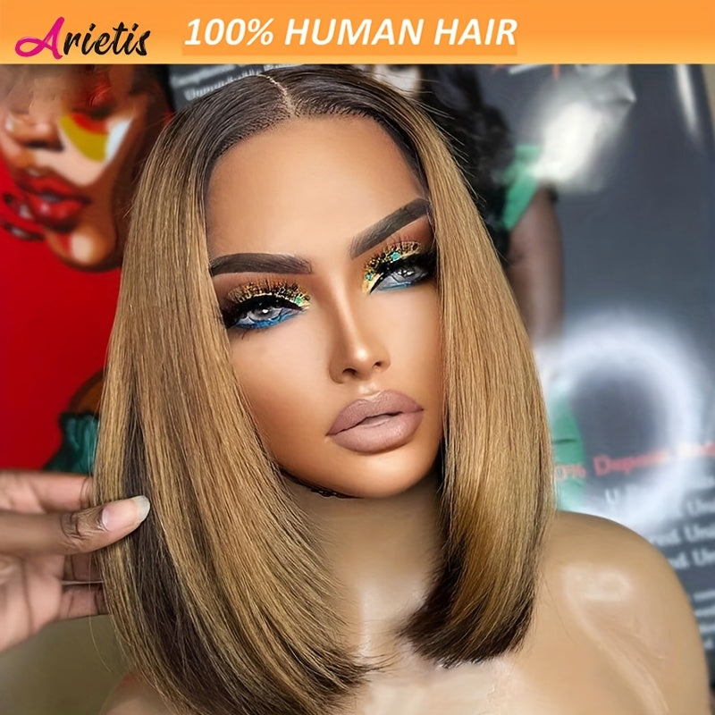 13x4 Transparent Lace Front Wig 10 Inch Straight Bob Human Hair Wig - Brown to Blonde Ombre with Black Highlights, 180% Density, Business Style for Women of All Ethnicities, Wig Accessories